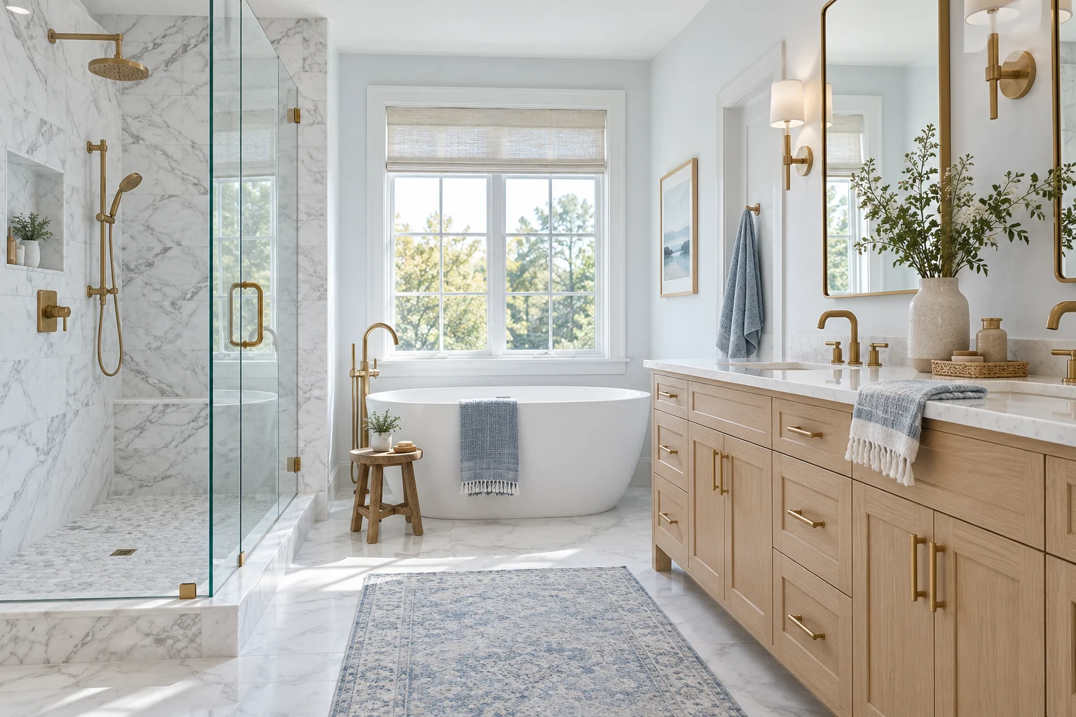 Bright bathroom with marble shower and oak vanity