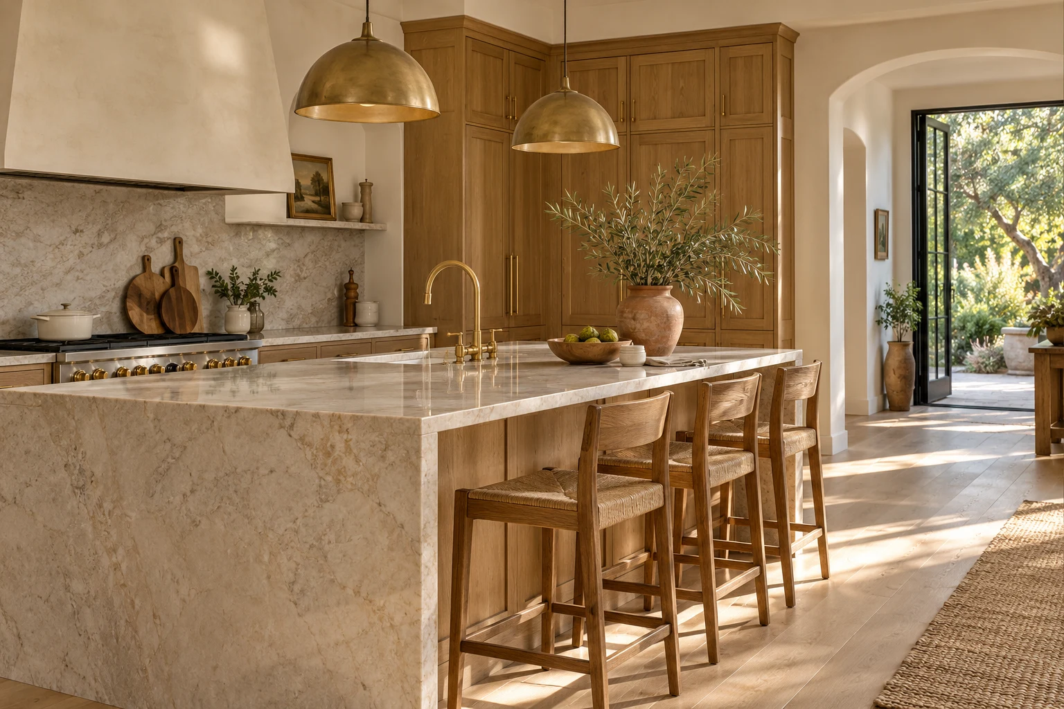 Renovated kitchen with oak cabinets and a stone island
