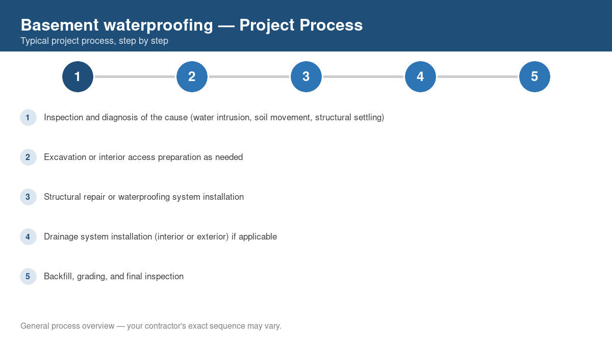 Step-by-step diagram of the typical process for basement waterproofing