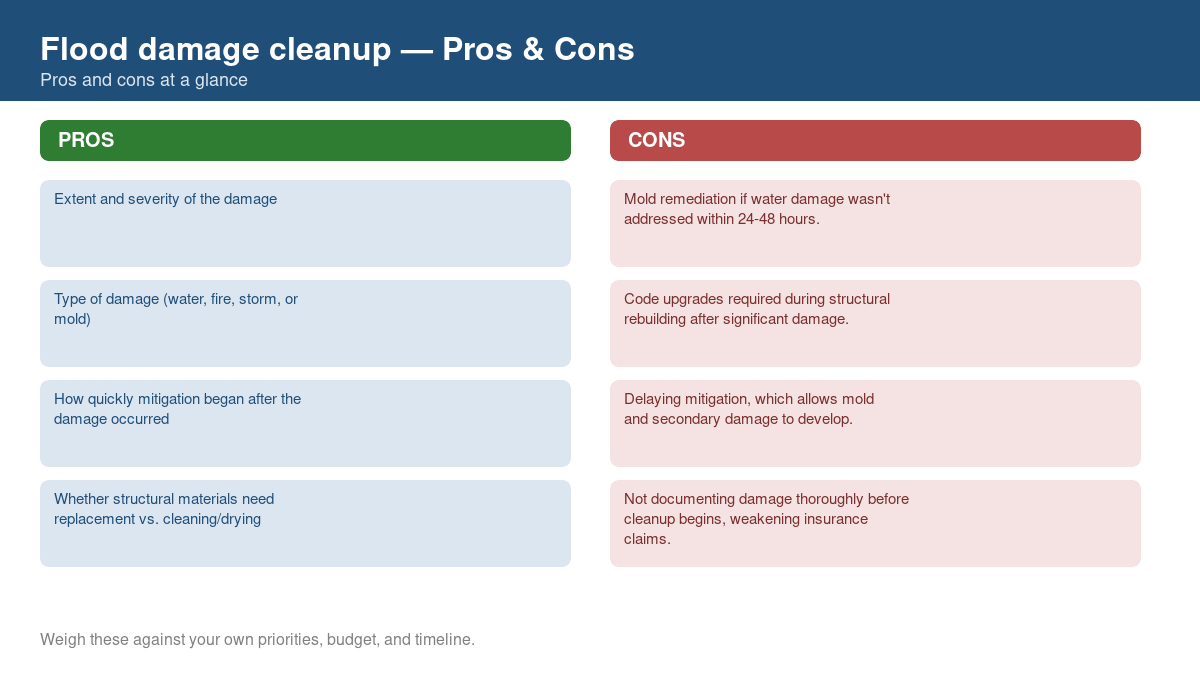 Pros and cons comparison chart for flood damage cleanup