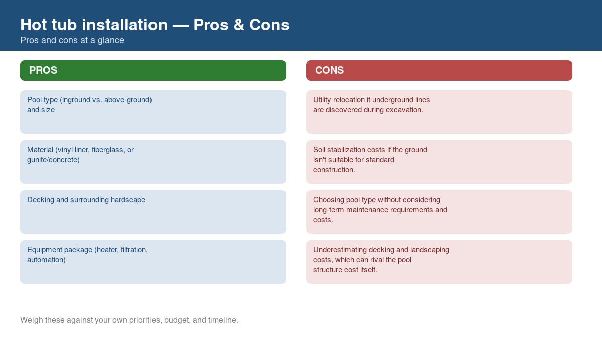 Pros and cons comparison chart for hot tub installation