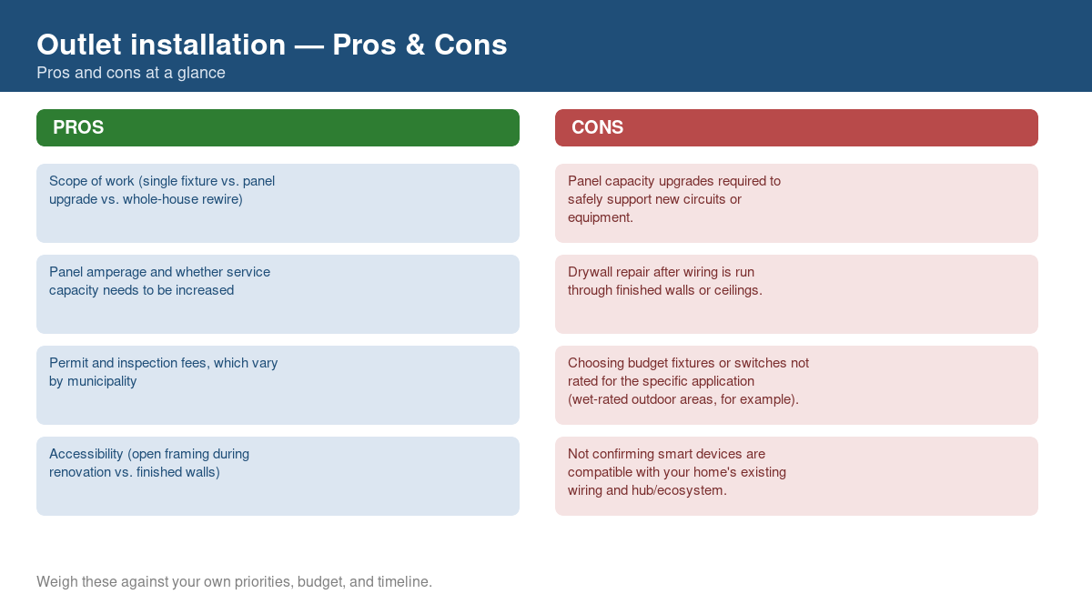 Pros and cons comparison chart for outlet installation