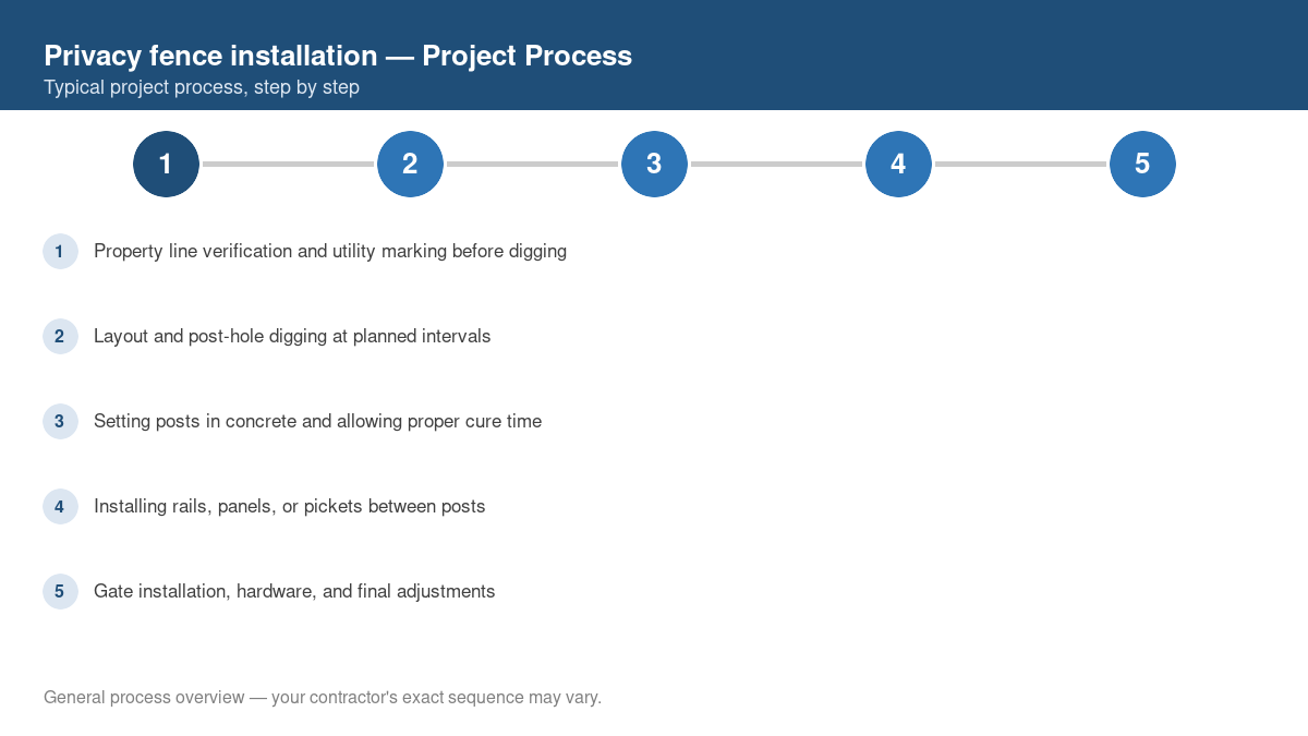 Step-by-step diagram of the typical process for privacy fence installation