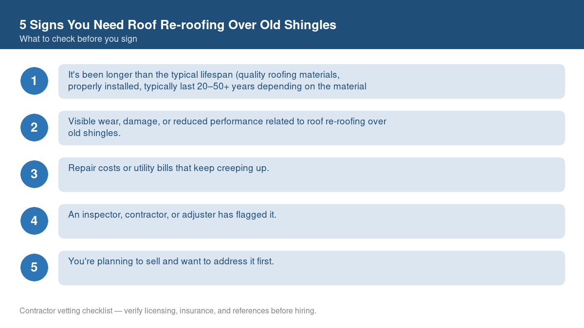 Checklist of warning signs that it's time for roof re-roofing over old shingles