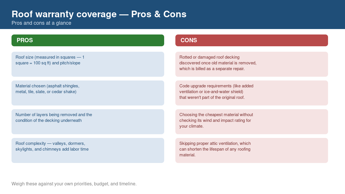 Pros and cons comparison chart for roof warranty coverage