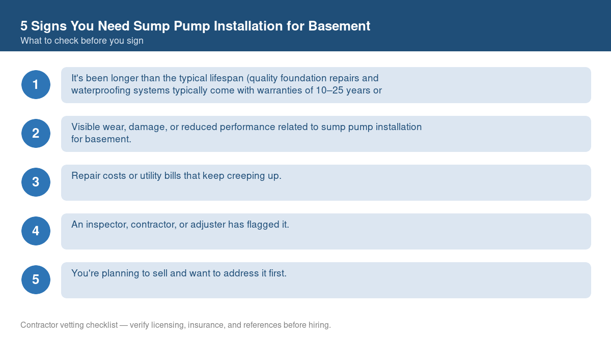 Checklist of warning signs that it's time for sump pump installation for basement