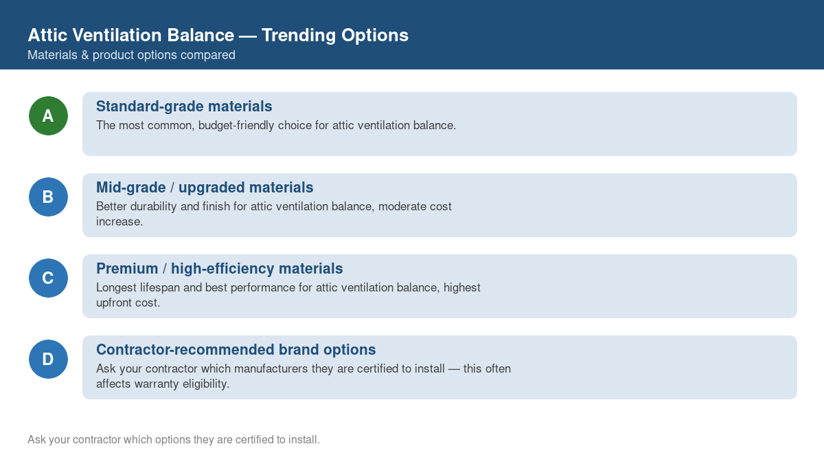 Comparison of trending material and product options for attic ventilation balance in 2026
