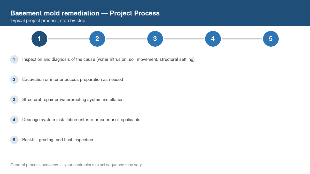 Step-by-step diagram of the typical process for basement mold remediation