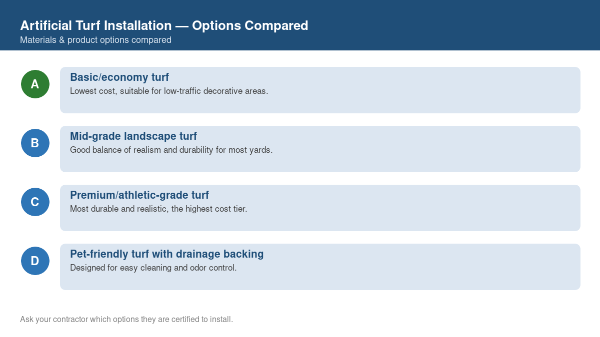 Comparison chart of the top material and product options for artificial turf installation