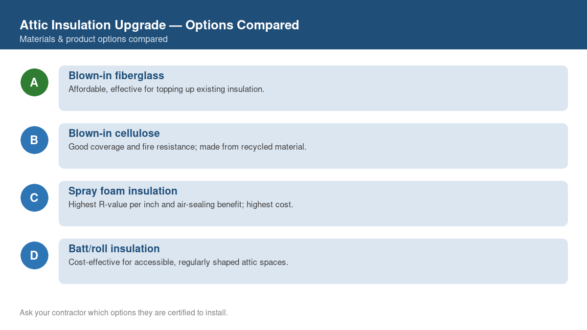 Comparison chart of the top material and product options for attic insulation upgrade