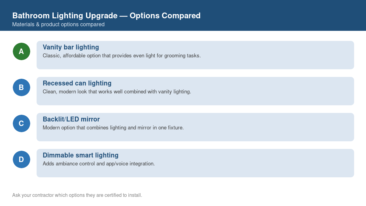 Comparison chart of the top material and product options for bathroom lighting upgrade