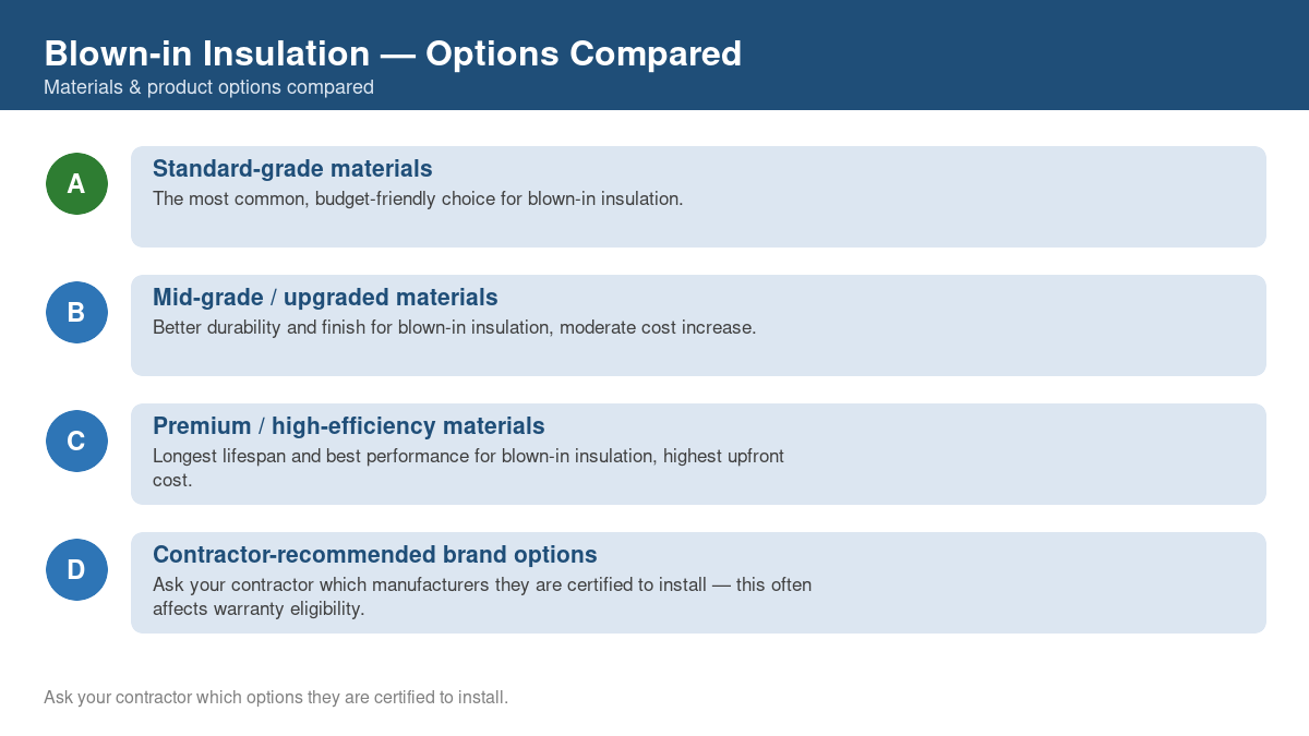 Comparison chart of the top material and product options for blown-in insulation