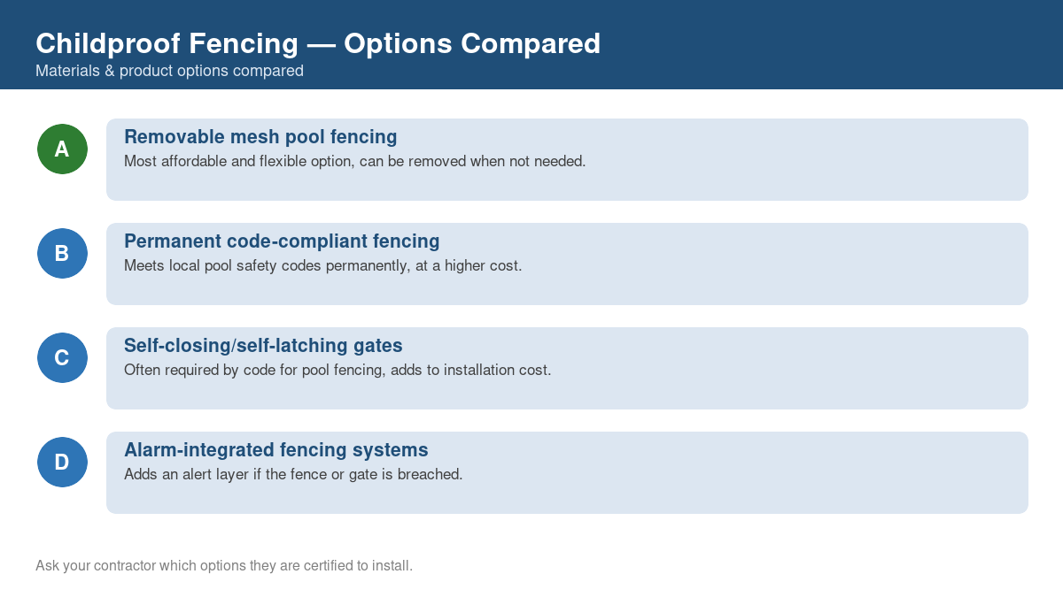 Comparison chart of the top material and product options for childproof fencing