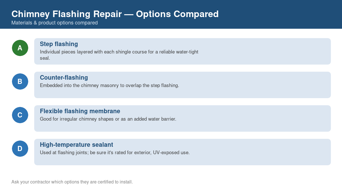 Comparison chart of the top material and product options for chimney flashing repair