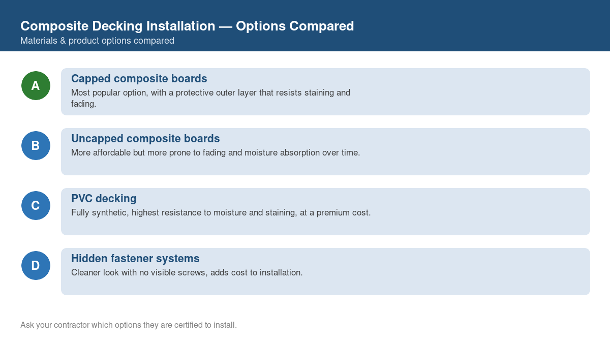 Comparison chart of the top material and product options for composite decking installation
