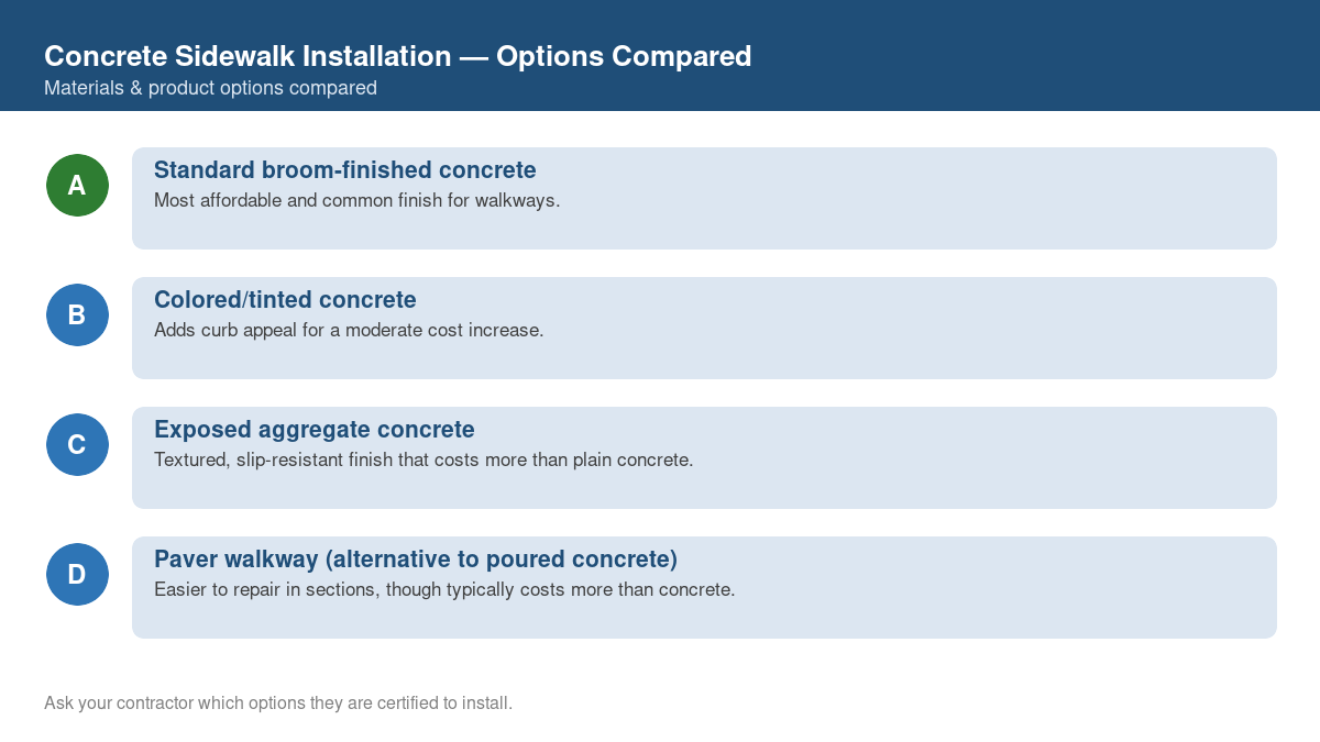 Comparison chart of the top material and product options for concrete sidewalk installation
