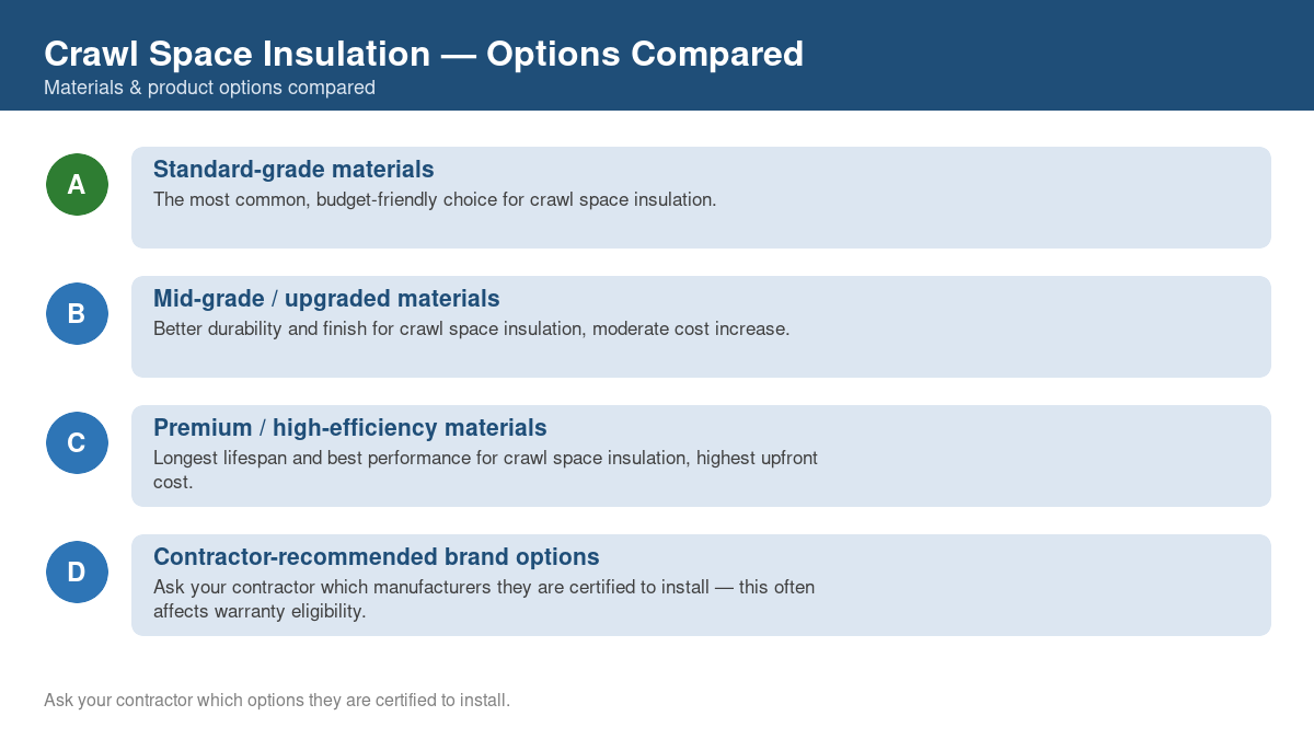 Comparison chart of the top material and product options for crawl space insulation