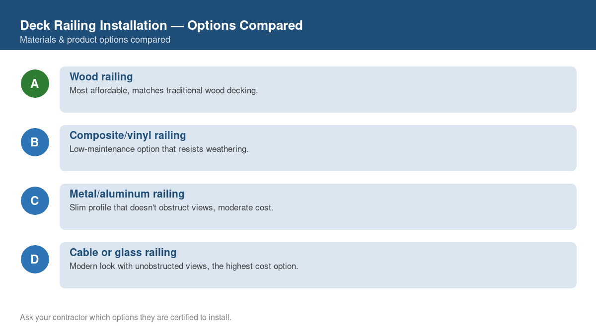 Comparison chart of the top material and product options for deck railing installation