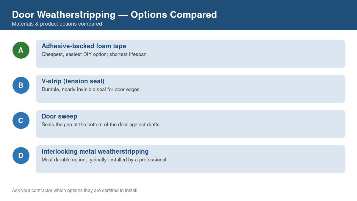 Comparison chart of the top material and product options for door weatherstripping