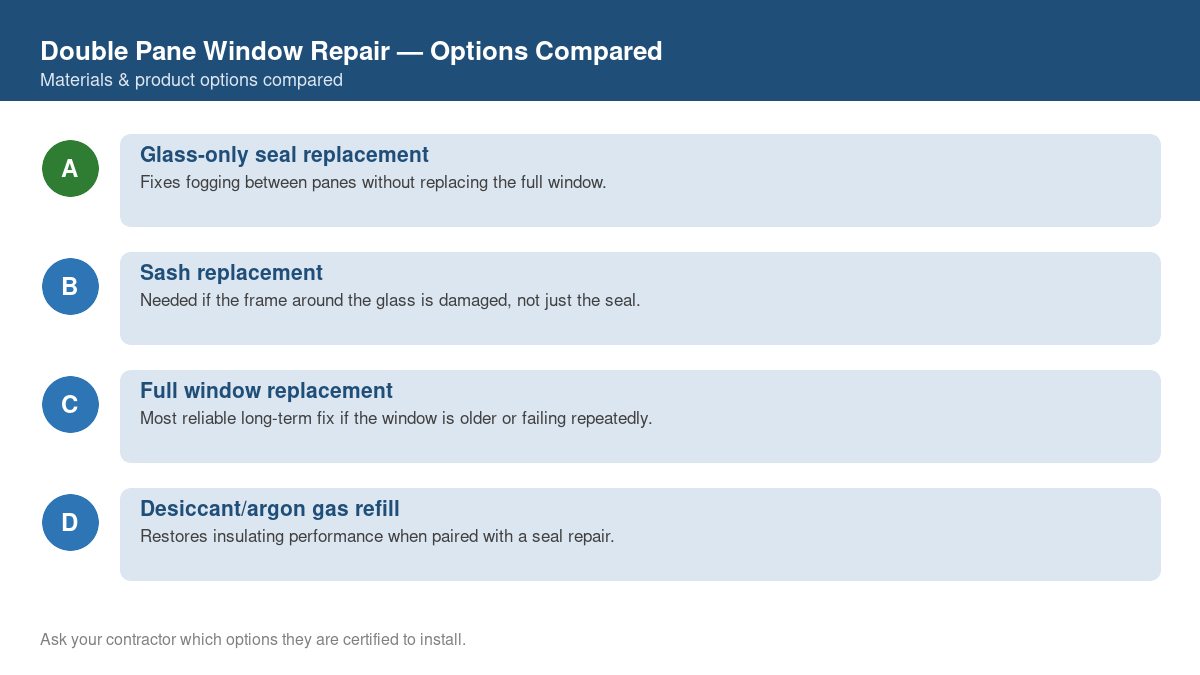 Comparison chart of the top material and product options for double pane window repair