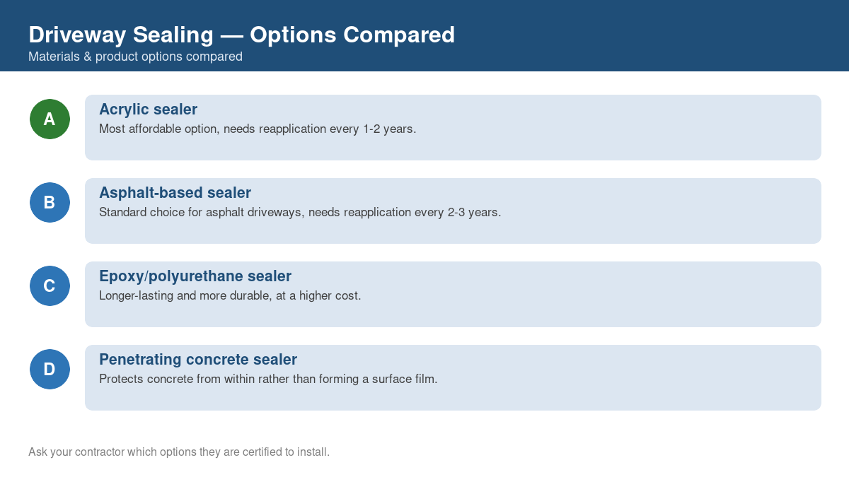 Comparison chart of the top material and product options for driveway sealing