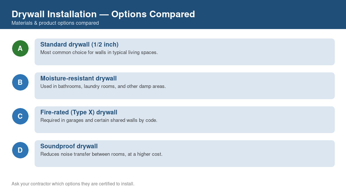 Comparison chart of the top material and product options for drywall installation