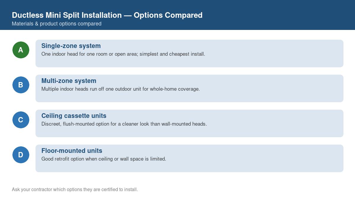 Comparison chart of the top material and product options for ductless mini split installation
