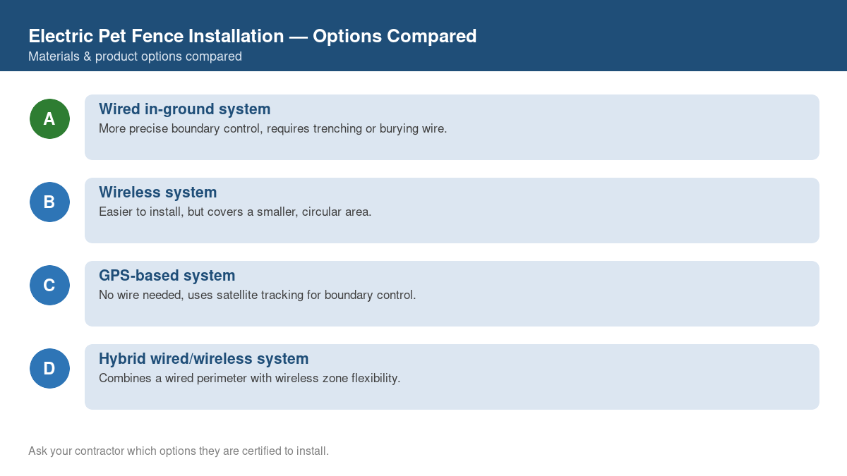 Comparison chart of the top material and product options for electric pet fence installation