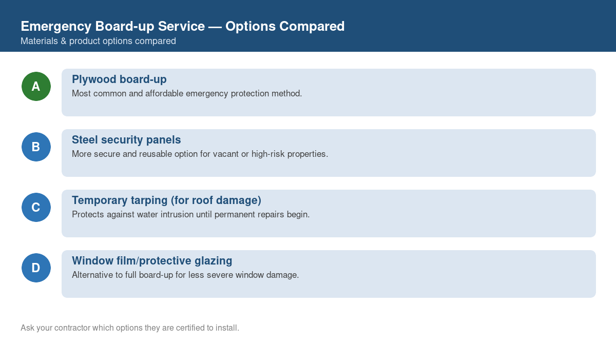Comparison chart of the top material and product options for emergency board-up service
