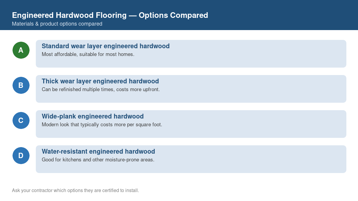Comparison chart of the top material and product options for engineered hardwood flooring