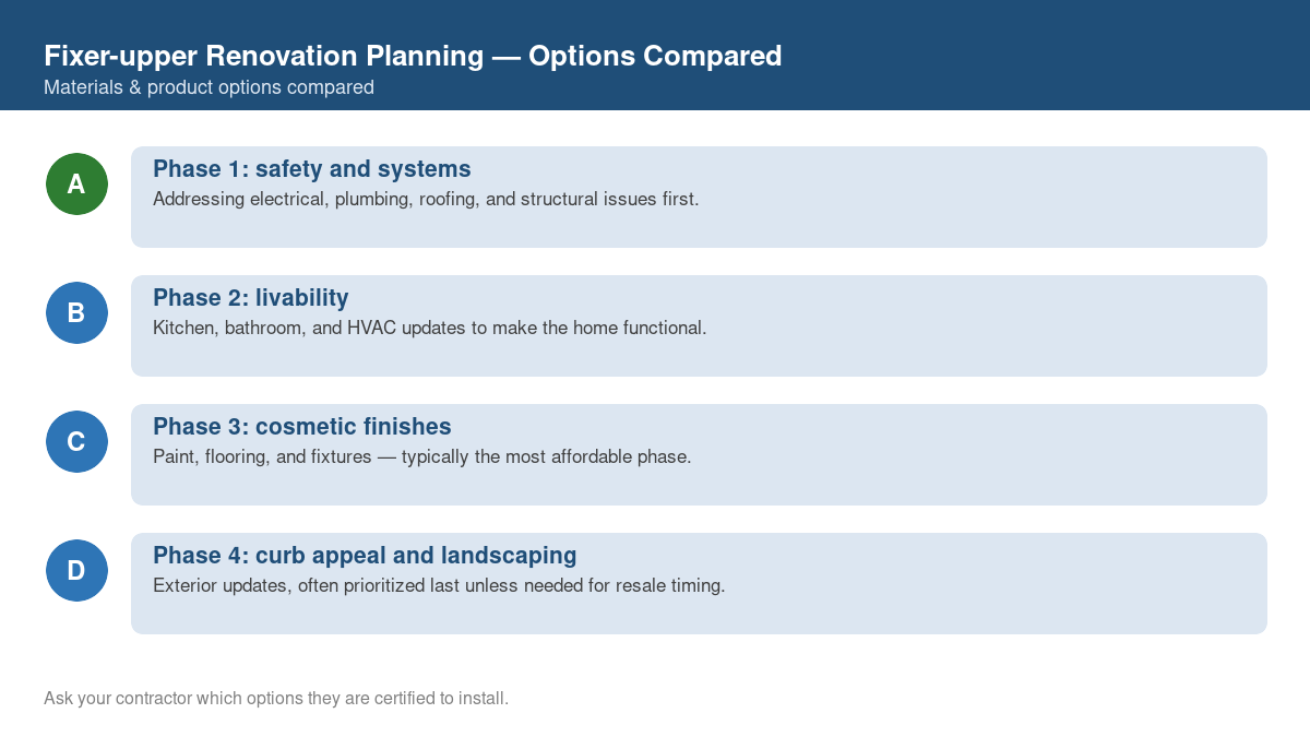 Comparison chart of the top material and product options for fixer-upper renovation planning