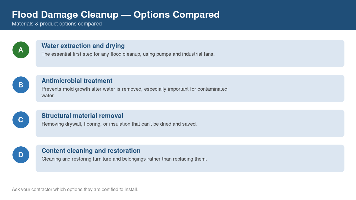 Comparison chart of the top material and product options for flood damage cleanup