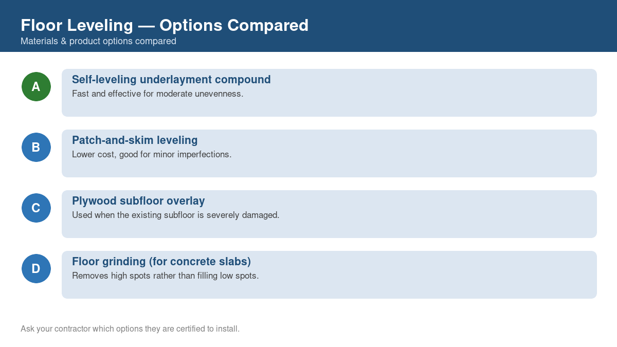 Comparison chart of the top material and product options for floor leveling