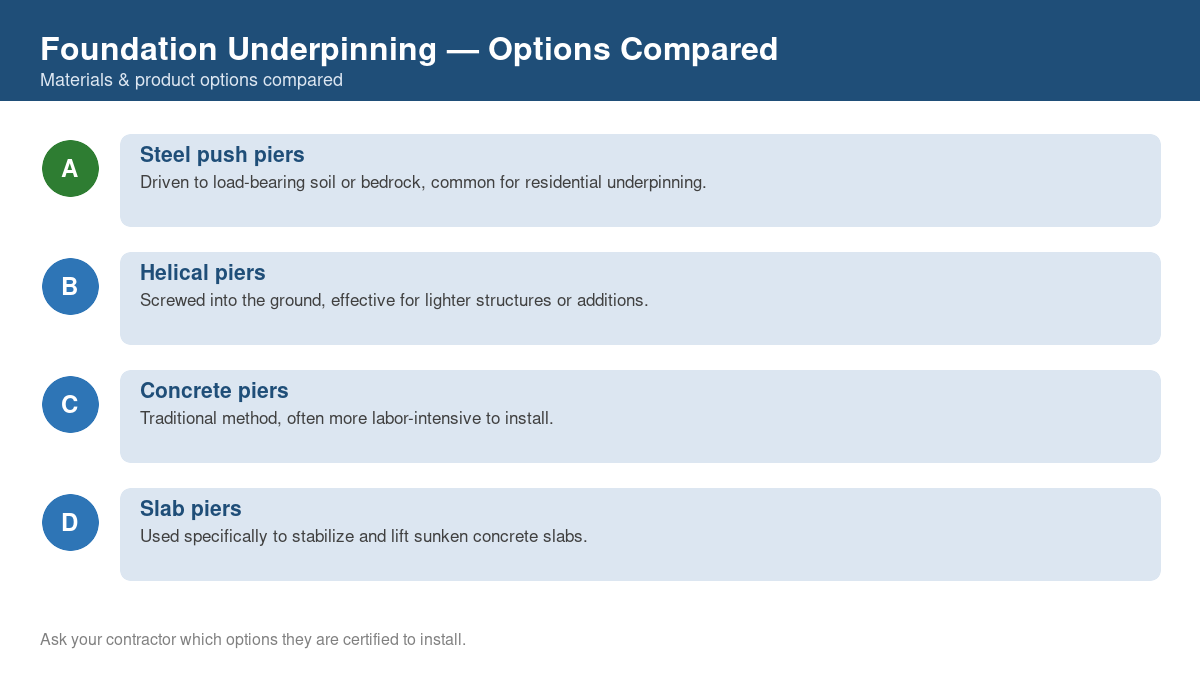 Comparison chart of the top material and product options for foundation underpinning