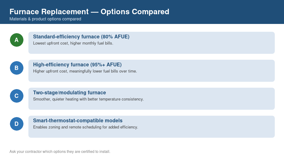 Comparison chart of the top material and product options for furnace replacement