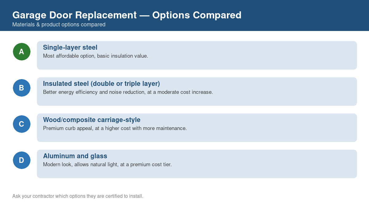 Comparison chart of the top material and product options for garage door replacement
