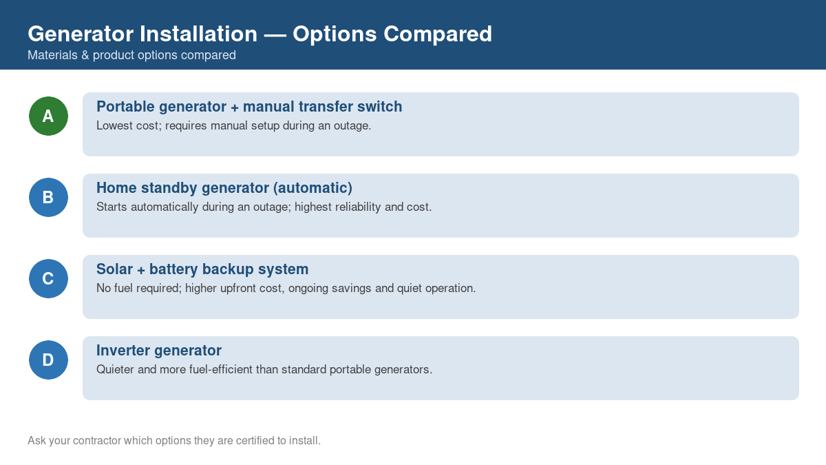Comparison chart of the top material and product options for generator installation