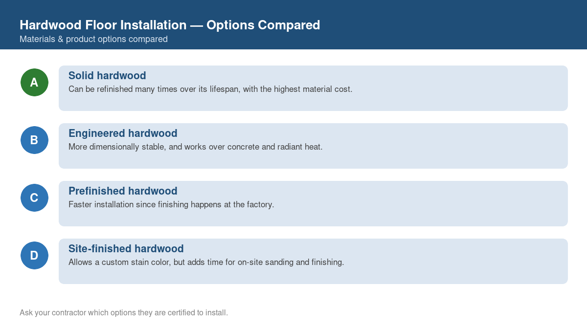 Comparison chart of the top material and product options for hardwood floor installation