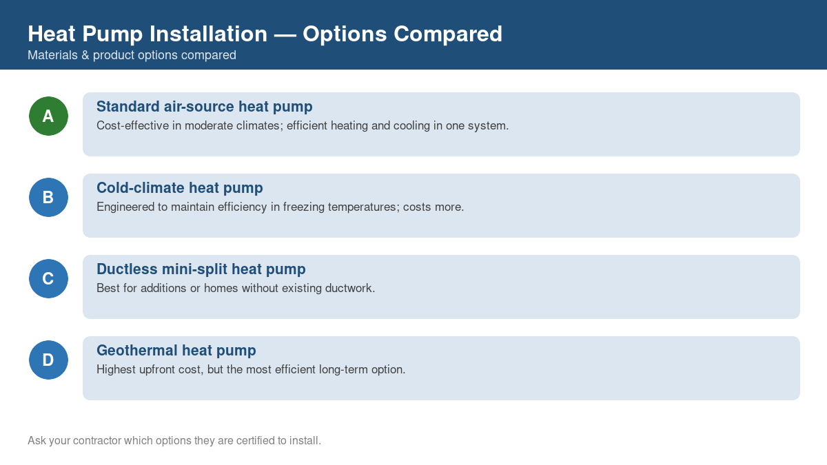 Comparison chart of the top material and product options for heat pump installation