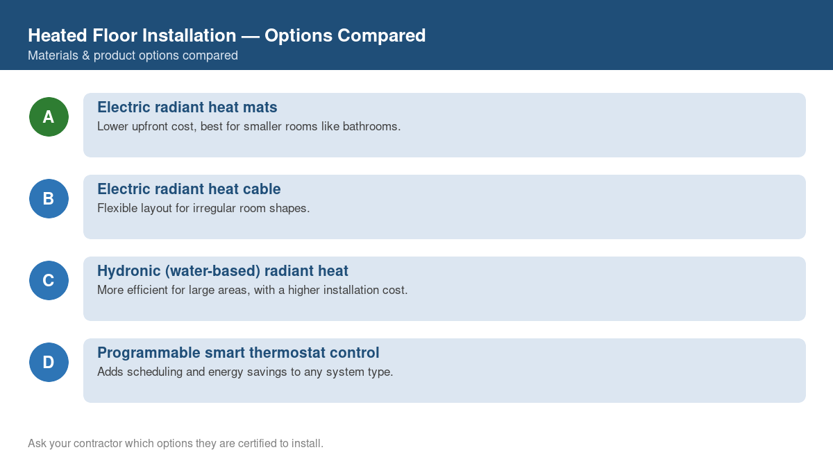 Comparison chart of the top material and product options for heated floor installation