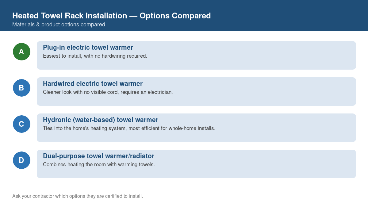 Comparison chart of the top material and product options for heated towel rack installation
