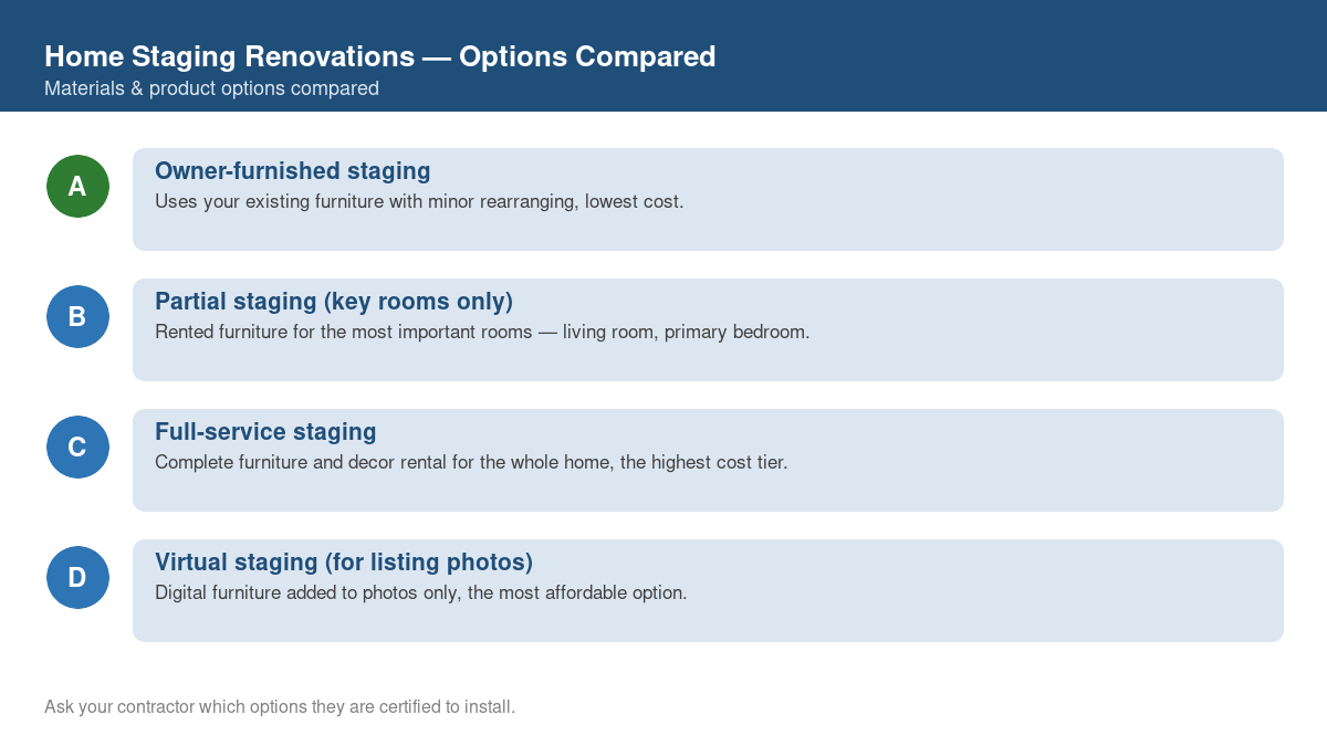 Comparison chart of the top material and product options for home staging renovations