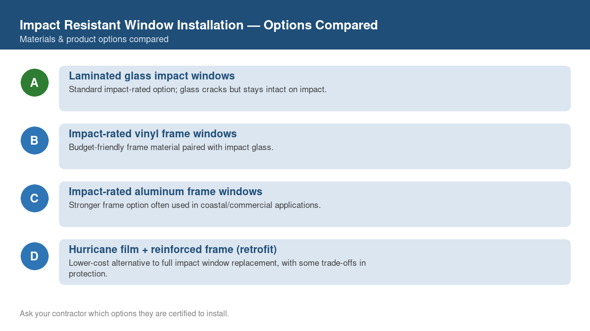 Comparison chart of the top material and product options for impact resistant window installation