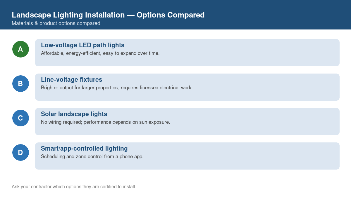 Comparison chart of the top material and product options for landscape lighting installation