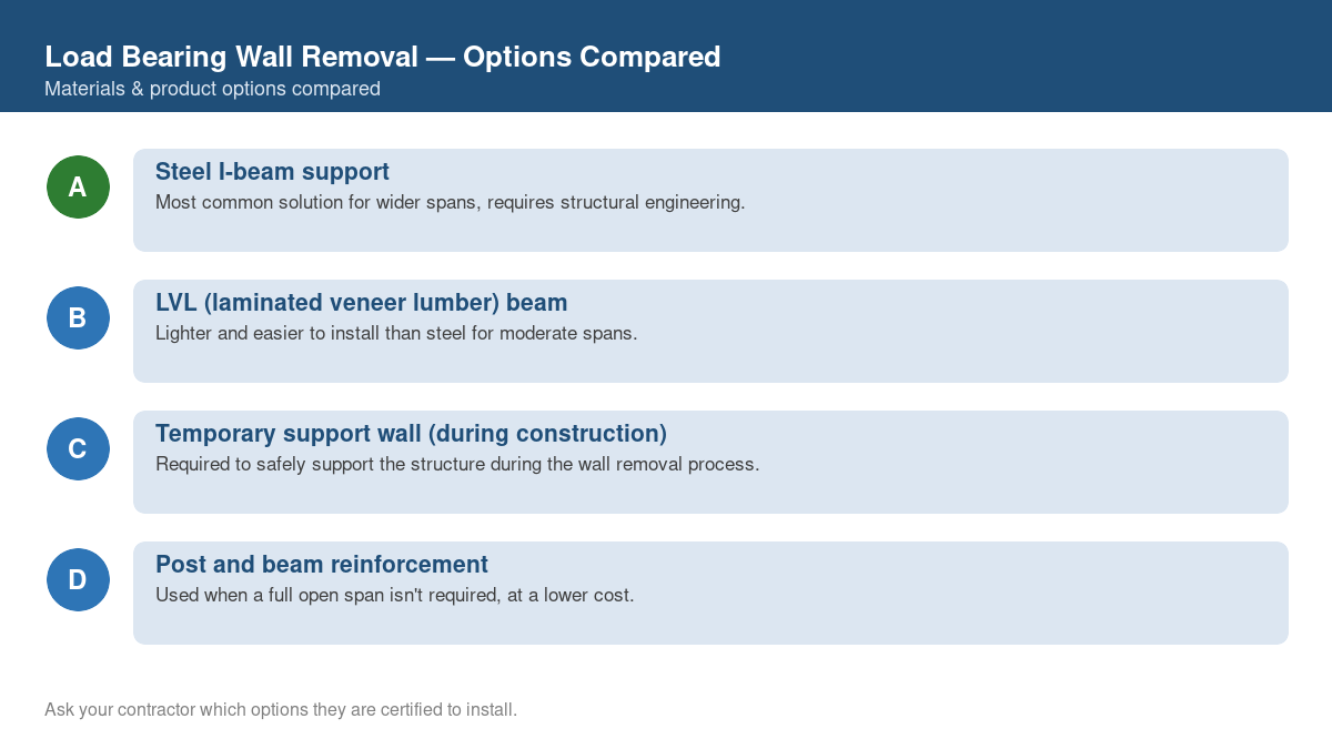 Comparison chart of the top material and product options for load bearing wall removal