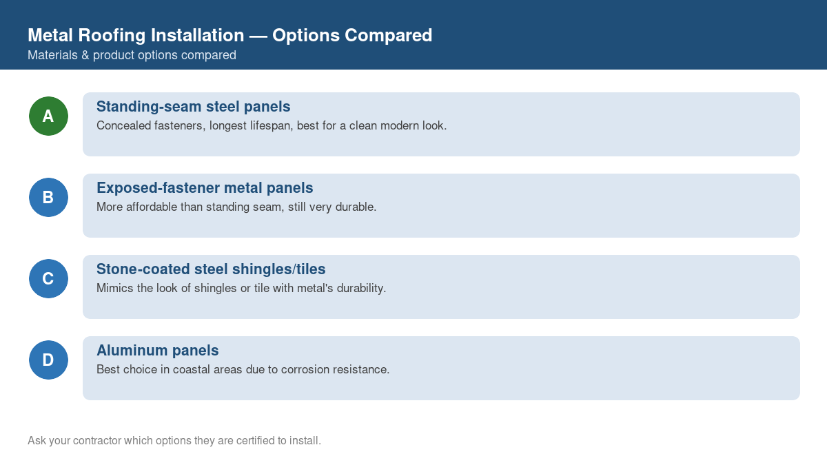 Comparison chart of the top material and product options for metal roofing installation