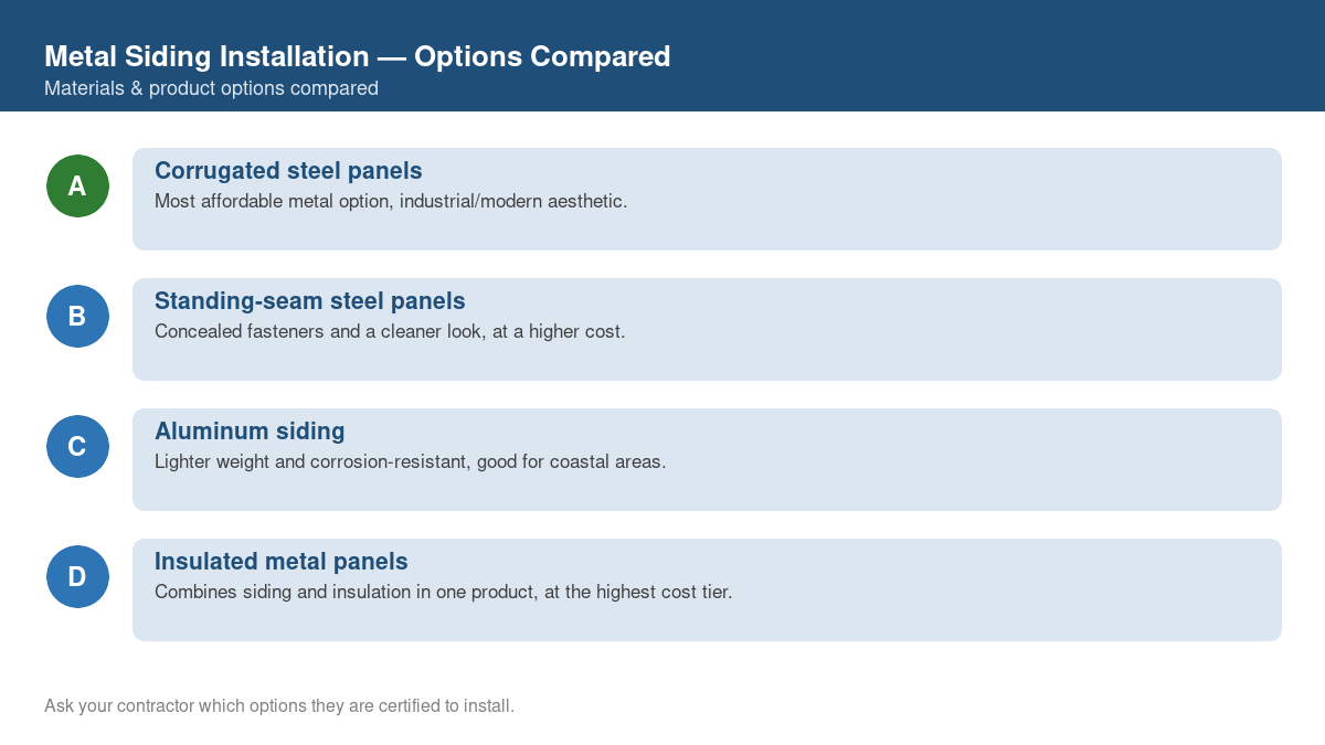 Comparison chart of the top material and product options for metal siding installation