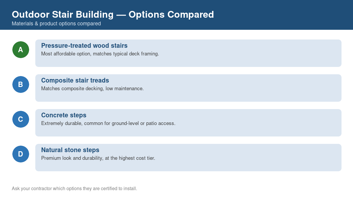 Comparison chart of the top material and product options for outdoor stair building