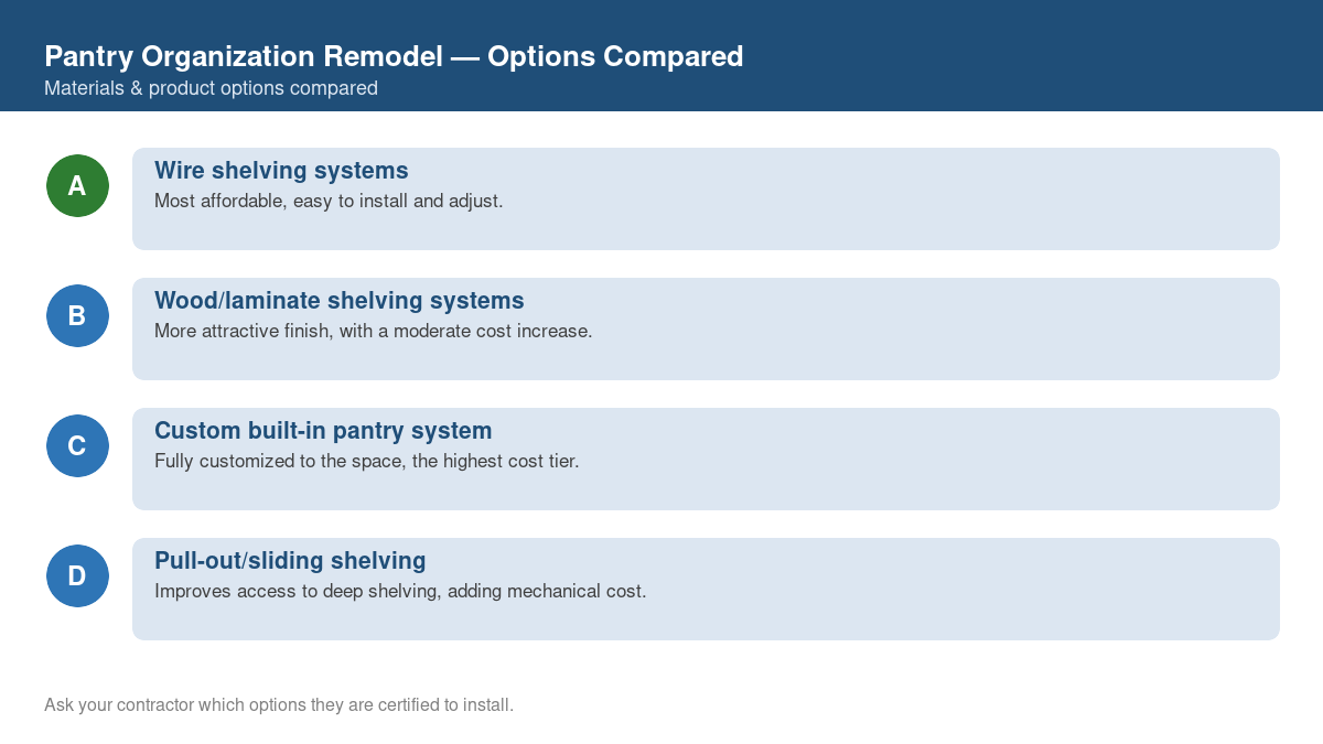 Comparison chart of the top material and product options for pantry organization remodel