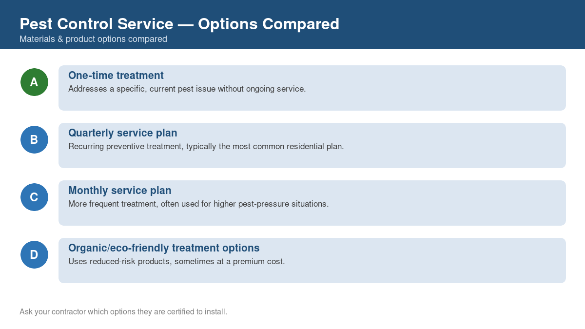 Comparison chart of the top material and product options for pest control service